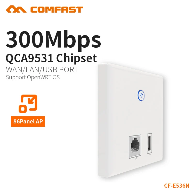 Точка доступа COMFAST InWall AP 300 Мбит/с RJ45 Usb-порт для зарядного устройства Wi-Fi 48 В блок