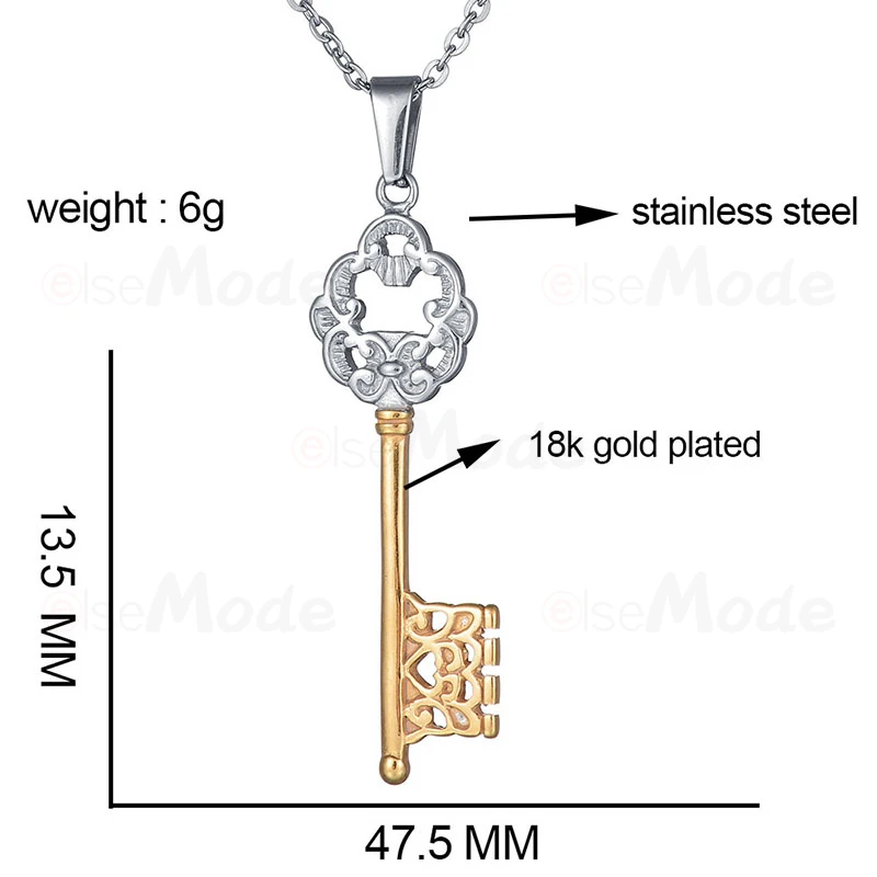 ELSEMODE винтажные любовные сердца Key ожерелья из нержавеющей стали золотого и