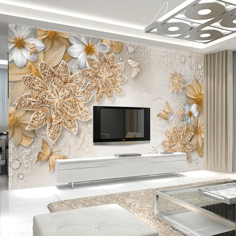 Custom Mural Wallpaper For Bedroom Walls 3D Luxury Gold Jewelry Flower Butterfly Background Wall Papers Home Decor Living Room|wallpaper for bedroom