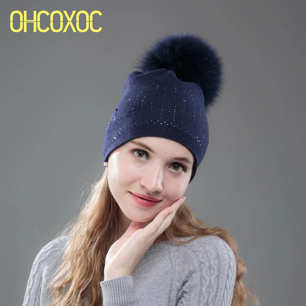 Новинка женские шапки OHCOXOC с помпоном из натурального Лисьего меха шапка