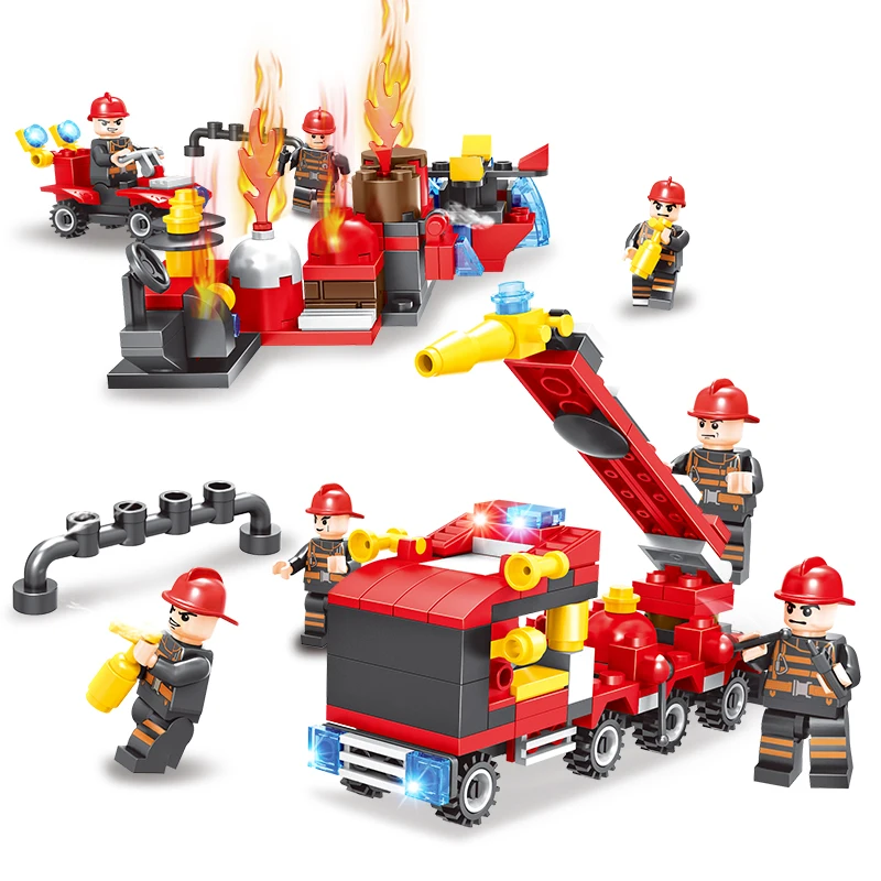 8 in 1 Fire Truck Helicopter Firefighter Building Blocks Compatible Legoed City Fireman Action Figures Enlighten Bricks For Kids | Игрушки и