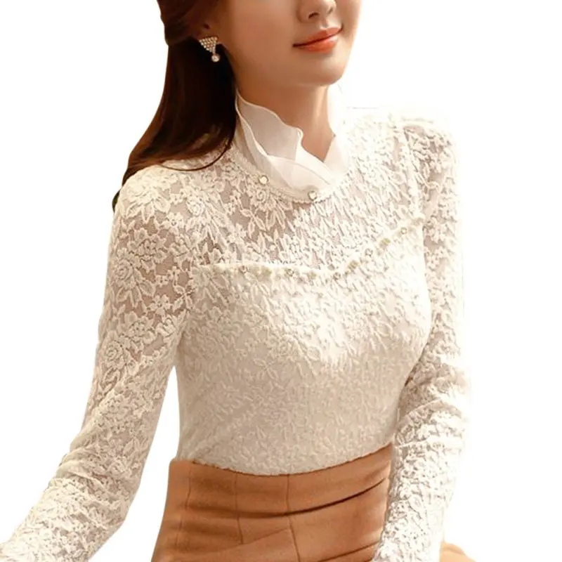 Женская шифоновая блузка с длинным рукавом и кружевом|blusa top|blouse officechiffon shirt |