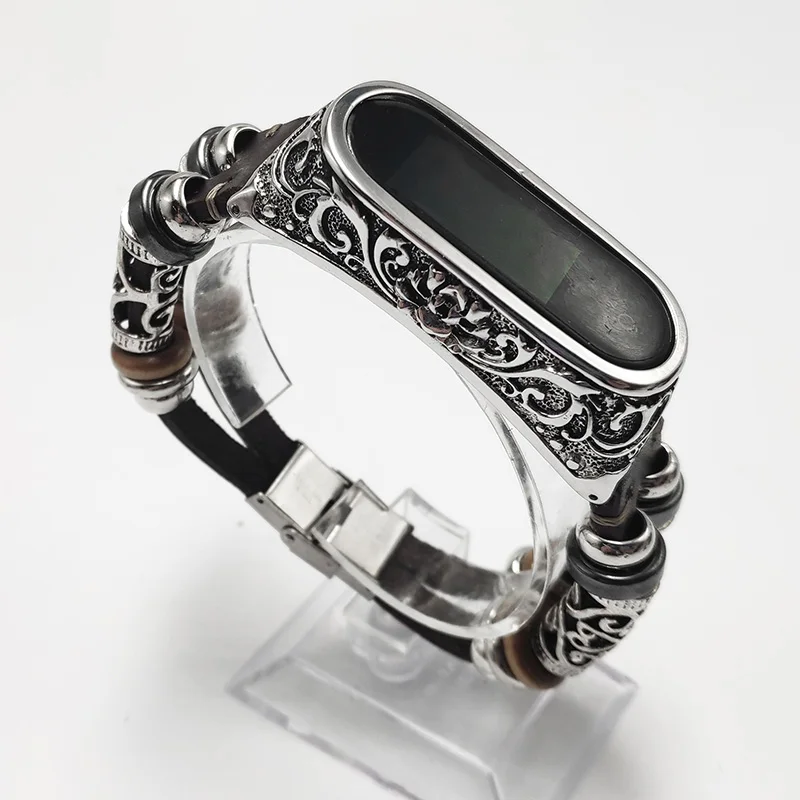TypeA BK-silver case AKGLEADER для Xiaomi mi Band 4 3 nfc Ретро ремешок для часов из натуральной кожи с ювелирным ремешком металлический гравировальный чехол для mi Band 3 4 - Цвет ремешка: TypeA BK-silver case