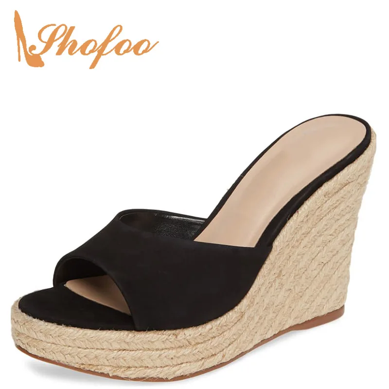 Туфли на высокой танкетке цвет черный белый эспадрильи Босоножки платформе