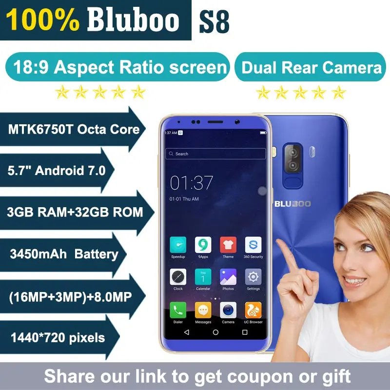 BLUBOO S8 4G смартфон 5 7 &quot18:9 полный экран MT6750T Octa Core 3 Гб оперативной памяти + 32 двойные