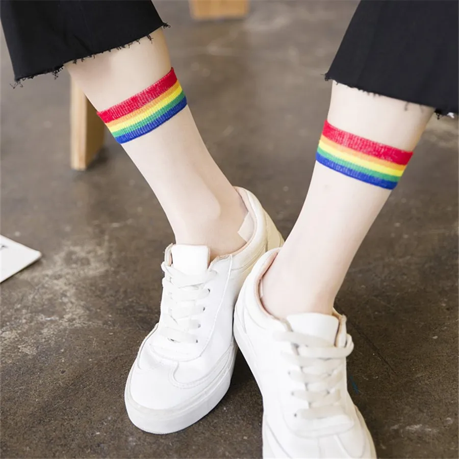 Женские прозрачные носки новые японские Harajuku радужные полосатые Кристальные Meias Япония ультратонкое стекло Шелковый носок Calcetines Mujer