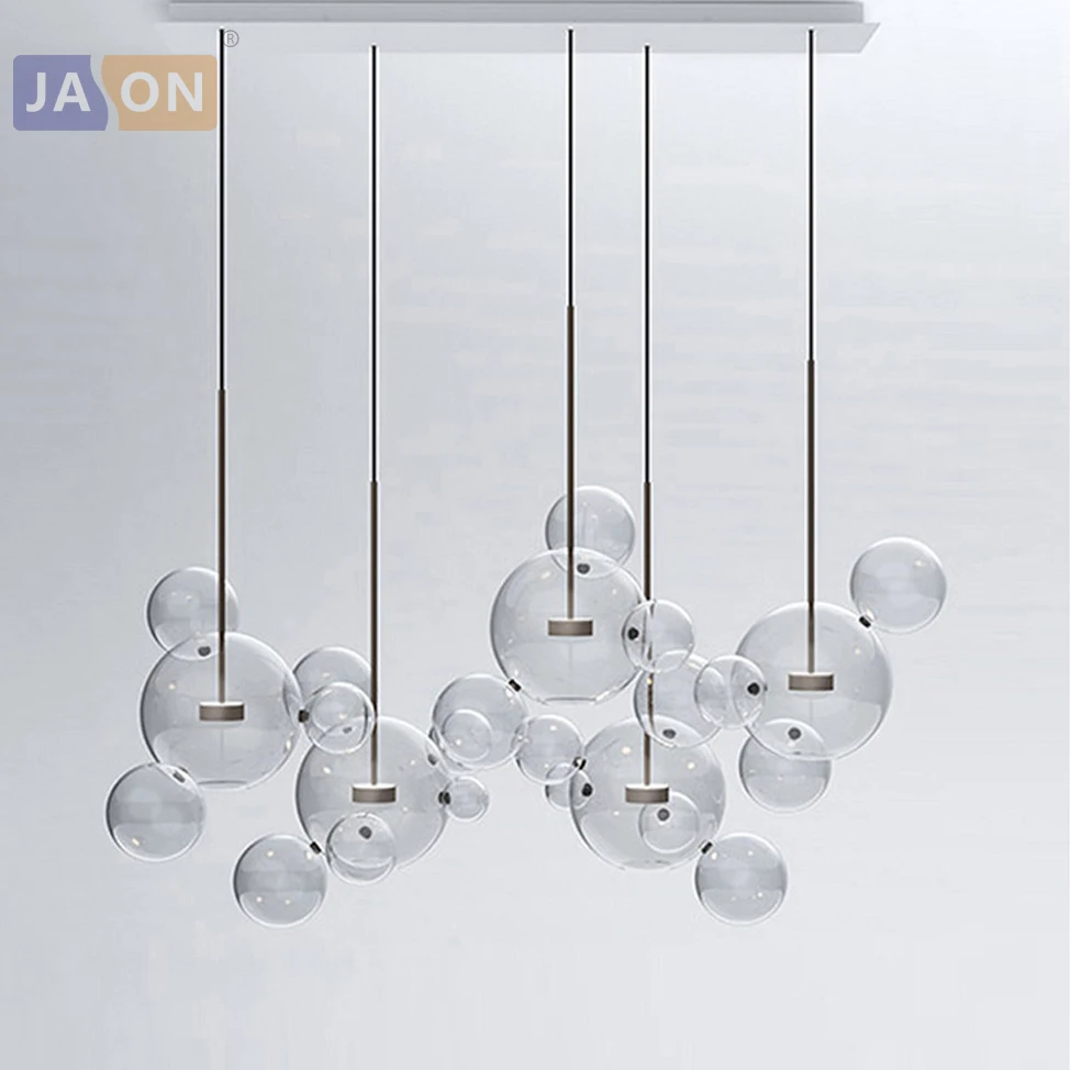 Lámpara LED posmoderna de hierro con burbujas de cristal, iluminación de araña dorada, luz LED para comedor y vestíbulo