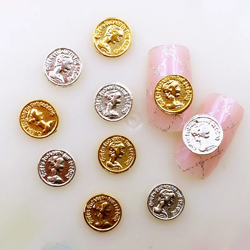 5pcs/pack Japan Korea Alloy Nail Art 3D 7mm Gold Silver Beauty Head Coin Metal Accessorie for Phototherapy Sticker DIY | Красота и