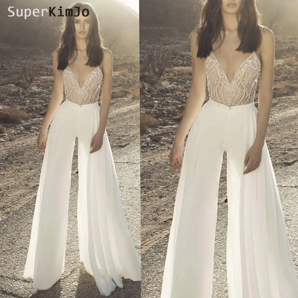 

Jumpsuits for Women 2019 Beaded Lace Applique Luxury Pants for Weddings Vestido De Novia