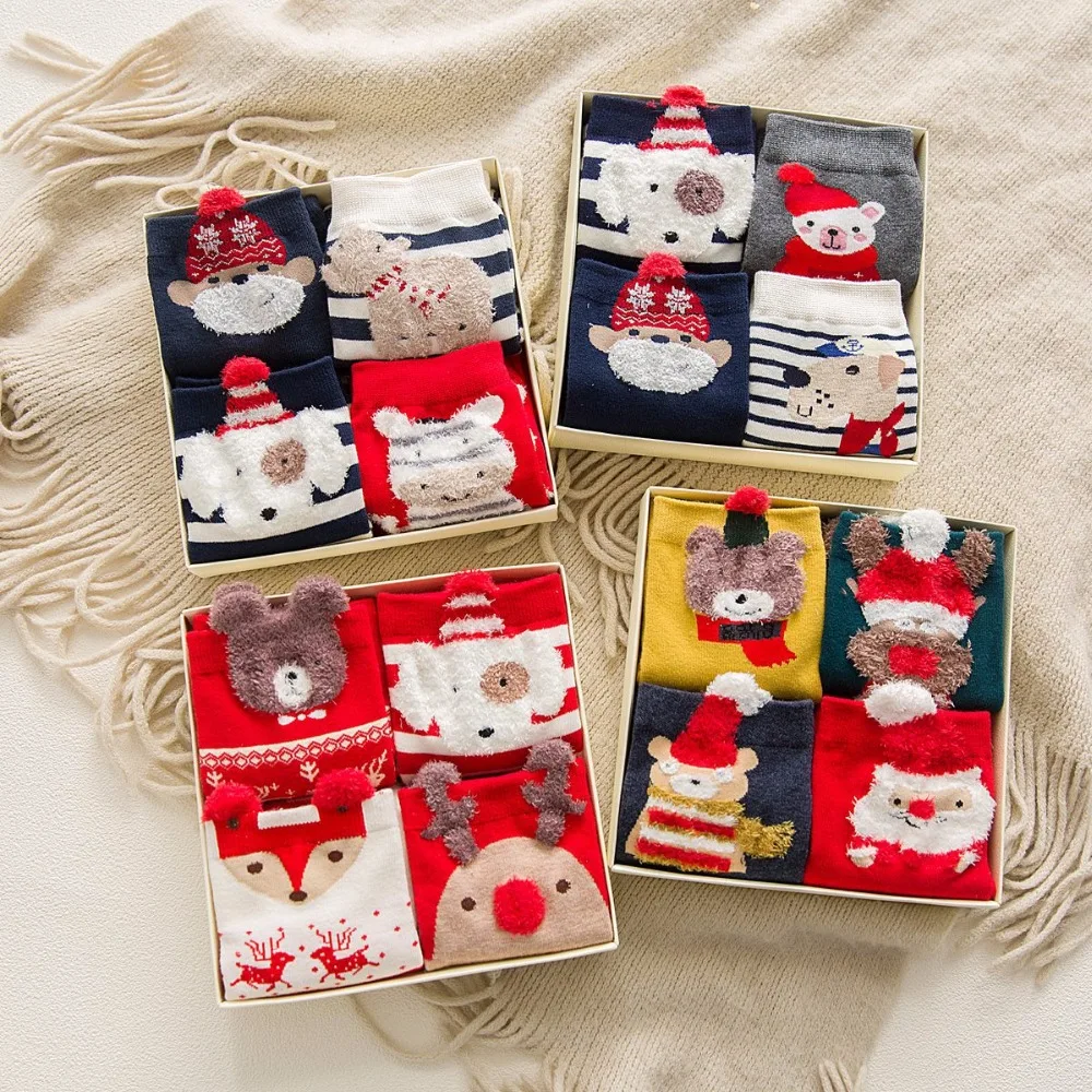 

Gift Box Christmas Socks For Women autumn winter cute cartoon Santa Claus deer patterns cotton socks 4pairs/box girls socks