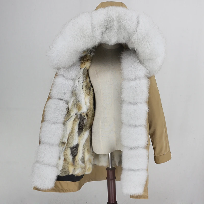 brown white E Длинная парка OFTBUY, водонепроницаемая верхняя одежда, пальто с натуральным мехом енота, Воротник из лисьего меха, капюшон, подкладка из кроличьего меха, Толстая теплая уличная одежда - Цвет: brown white E