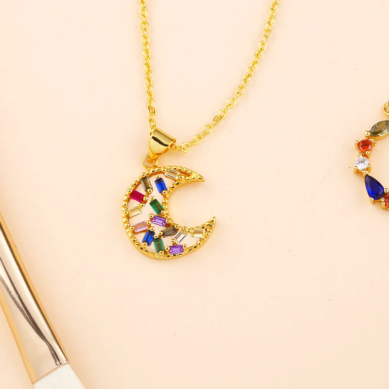 Радужная подвеска длинная цепочка ожерелье циркон позолота круглая луна солнце