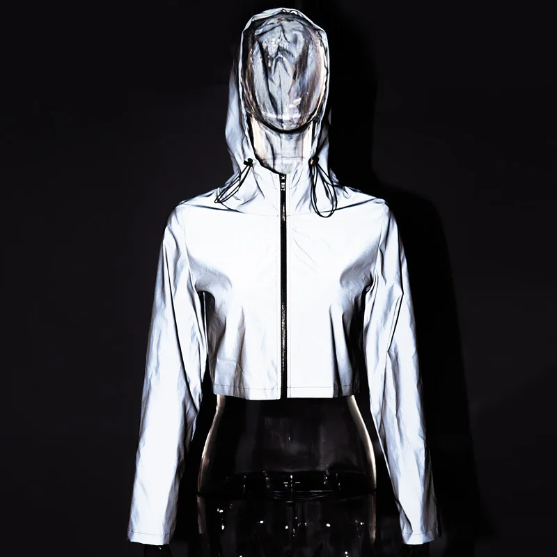 

2019 Flash Reflective Jacket Women Short Hooded Coat Night Glowing Short Jacket Front Zipper Female Reflective Hooded Jacket