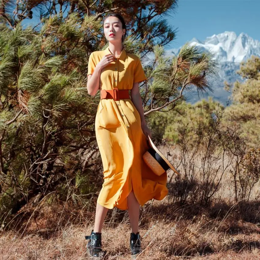 

French style very fairy retro dress female summer retro French single-breasted longer loose was waist dress with belt wq1867