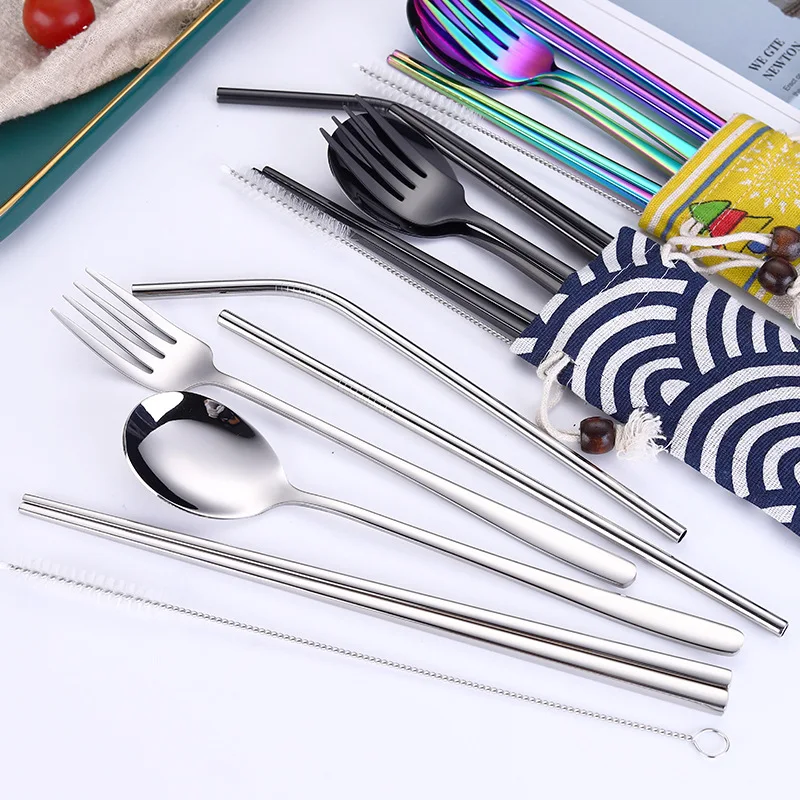 Stainless Steel Dinnerware Set Spoon Fork Chopsticks Straw With Cloth Pack Cutlery For Travel Outdoor Office Picnic BBQ | Дом и сад