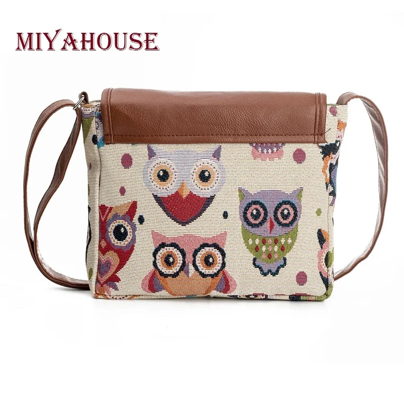 Miyahouse Повседневная сумка-мессенджер с принтом Совы из мультфильма Женская холщовая дизайнерская сумка через плечо с изображением совы Женская маленькая дамская сумка с клапаном