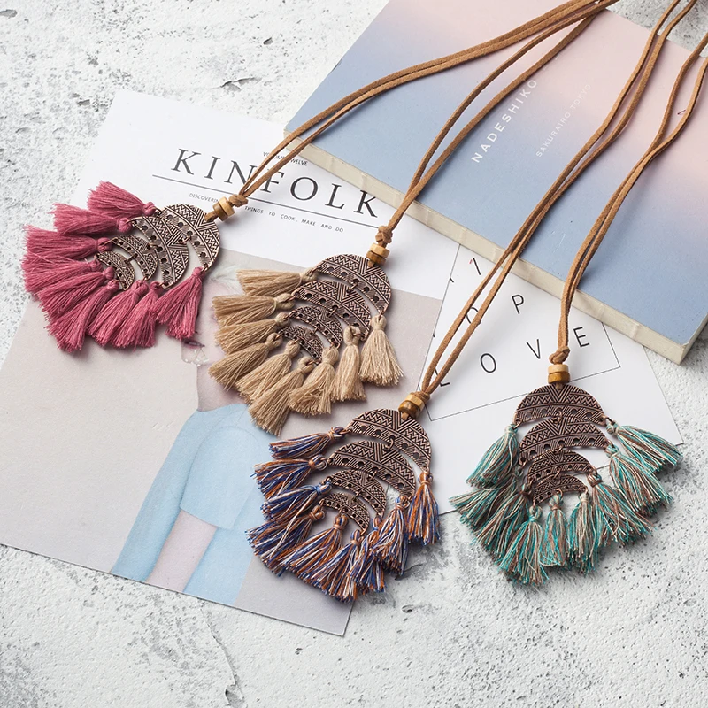 Из металлического сплава в цвете Антик Leather Rope Chain Ретро стиль с кисточками кулон