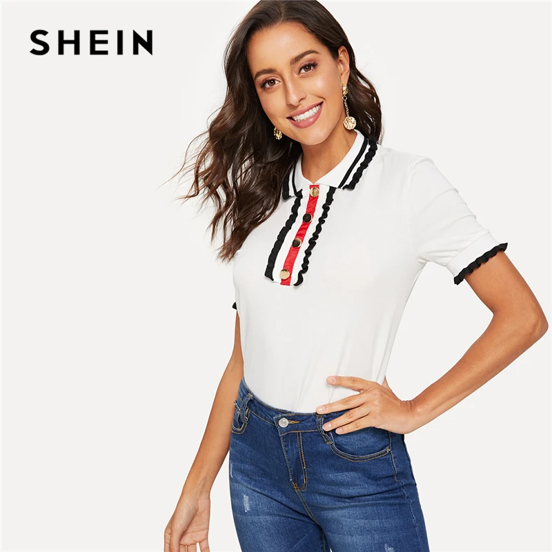 SHEIN Футболка На Пуговицах С Рюшами, Детский Топ С Коротким Рукавом И Контрастной Отделкой, Топ Для Девочки
