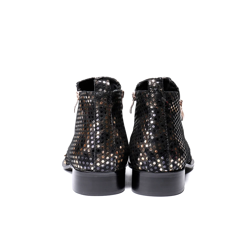 

Christia Bella Fashion Sequins Men Ankle Boots Autumn Winter Genuine Leather Metal Pointed Toe Zipper Designer Formal Boots