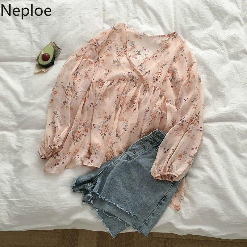 Neploe шифон Цветочные женские блузки лето корейский v-образный вырез с пышными рукавами Blusa Новые свободные женские рубашки 44853