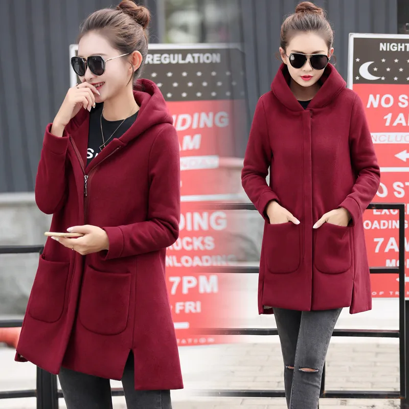 2021 autumn winter womens fleece jacket coats female long hooded coats outerwear warm thick female red slim fit hoodies jackets free global shipping