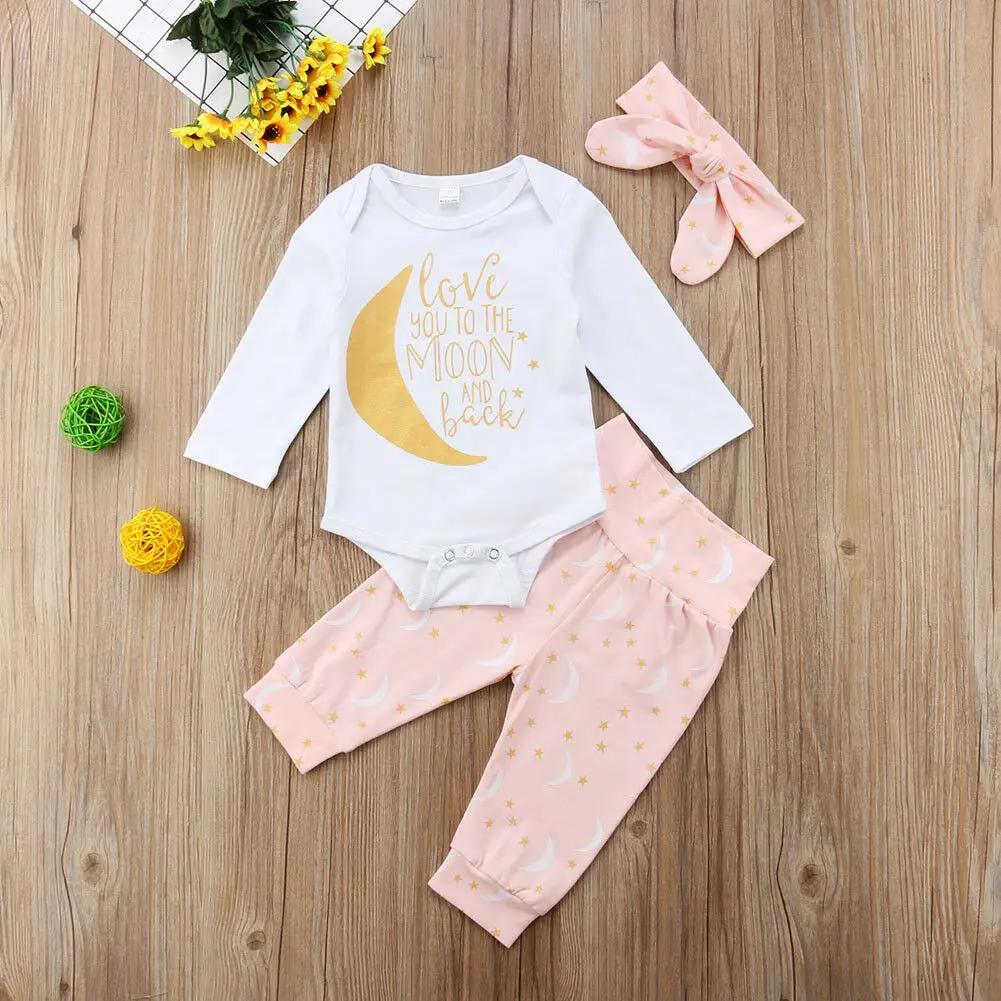 Pudcoco Summer 3Pcs Toddler Infant Newborn Baby Boys Girls Clothes Set Moon Tops Bodysuit + Pants +Headband Outfits 0-24M 2019 | Детская