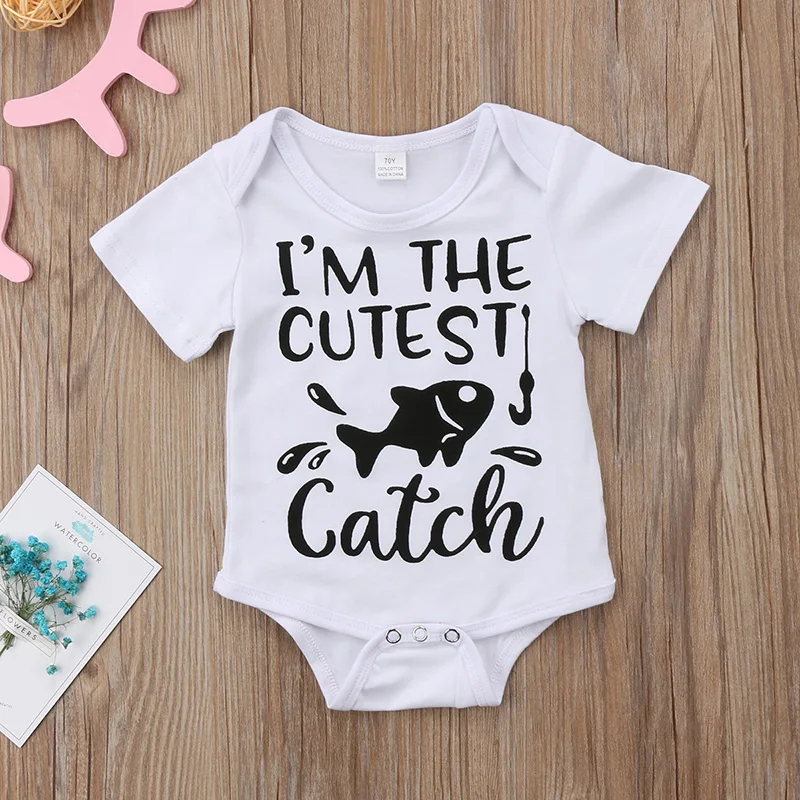Детский хлопковый комбинезон с коротким рукавом и надписью Fish Catch|baby clothes|cotton