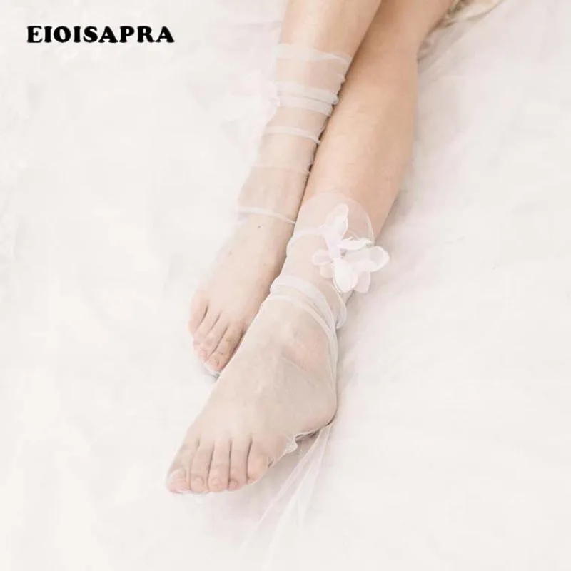 

[EIOISAPRA]Fashion Casual Floral Net Yarn Transparent Heap Heap Socks Candy Color Crystal Silk Stealth Lace Women Socks Meias
