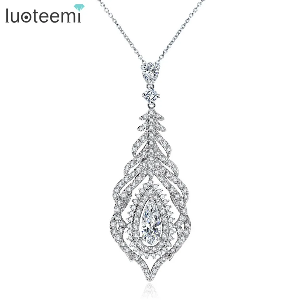 

LUOTEEMI Brand New Luxury Cubic Zircon Micro Setting Feather Design Pendant Necklaces For Women Wedding Bridal Party Accessories