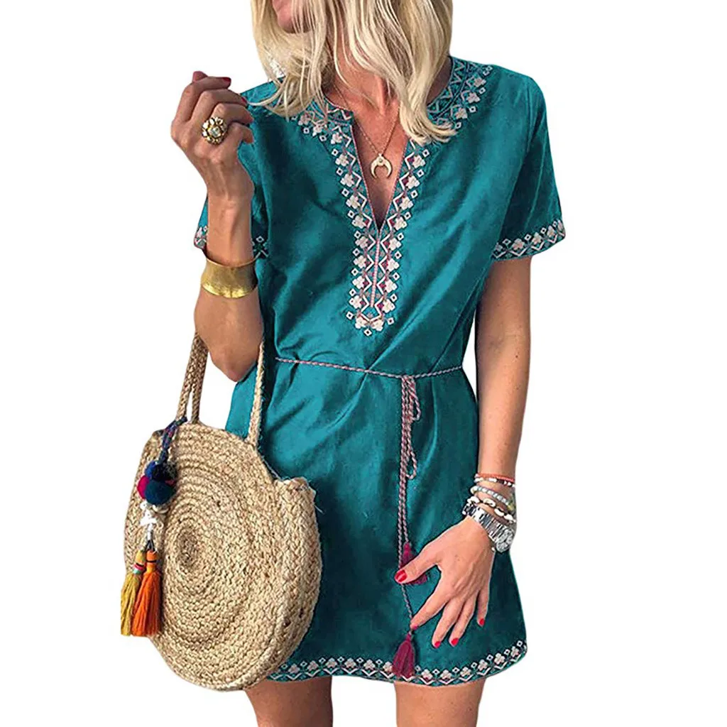 Женское летнее богемное платье с коротким рукавом и v образным вырезом
