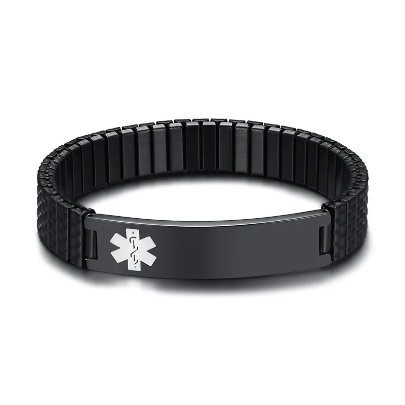 С черным покрытием, нанесенным краскопультом Vnox Elastic Chain Free Engraving Medical Alert ID Bracelet for Women Men Stainless Steel Emergency Personalize Unisex Jewelry - Окраска металла: С черным покрытием, нанесенным краскопультом