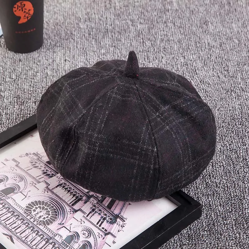 black Художественная и художественная кепка газетчика Женская милая шляпа модная клетчатая кепка шапки-береты Ретро Восьмиугольные шляпы - Цвет: black