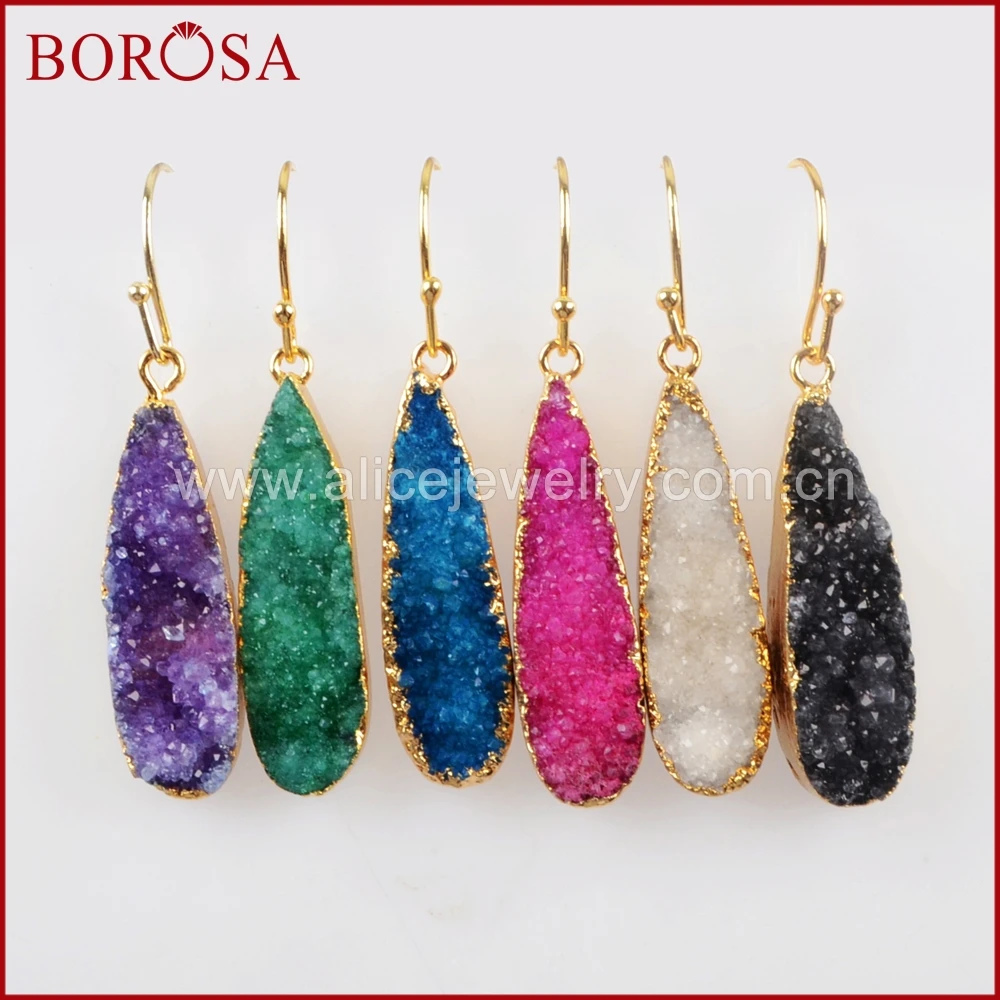 Бороза 5 пар/лот Золотисто-цветные длинные подвесные серьги с радужными кристаллами Друзи Геоды для женщин серьги Друси G0430-E.