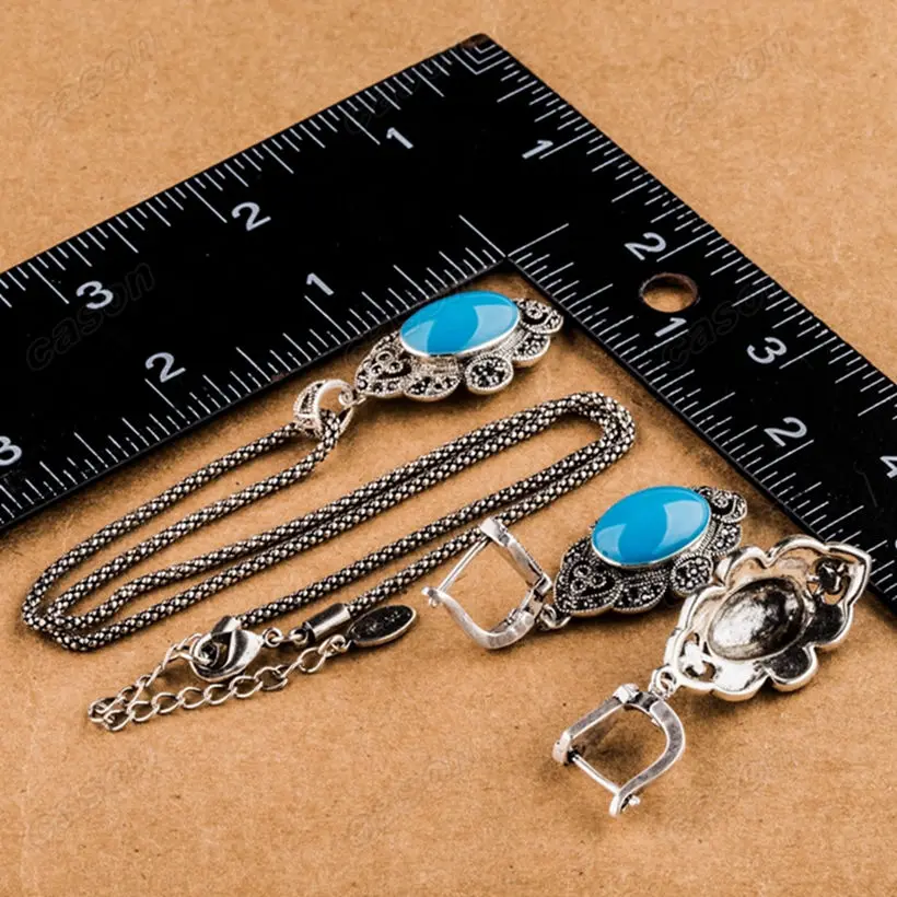 Очаровательный синий/зеленый опал Ретро тайский серебряный комплект ювелирных