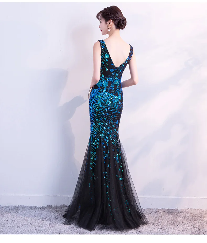 

Fashion Shining Sequins Polyester Slim Mermaid Long Evening Party Dress deep V patchwork Elegant Floor-length Long Maxi Dresses