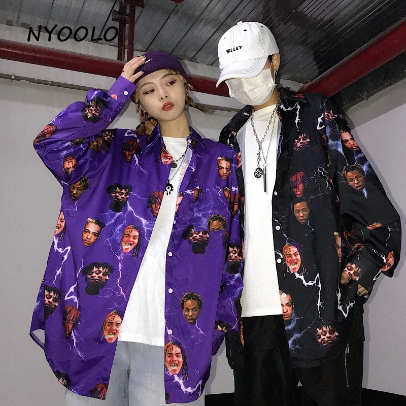 NYOOLO Harajuku стиль уличная пародия Европа Аватар молния печати рубашка свободная с длинным рукавом рубашка Женская/мужская одежда топы