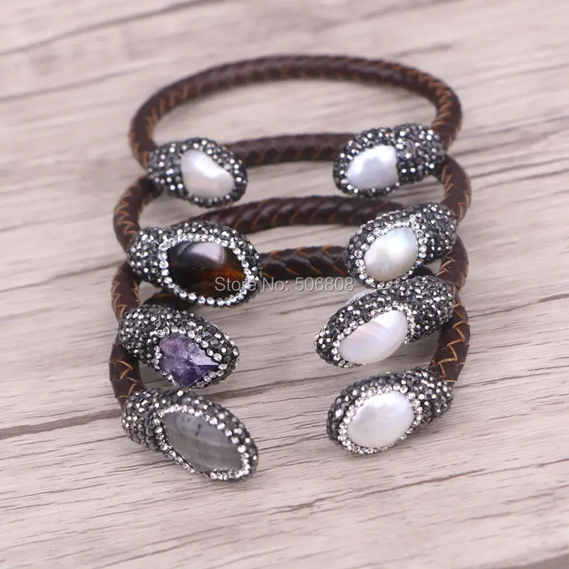 5 шт. натуральный Лабрадорит Жемчужный коричневый кожаный браслет с кристаллами