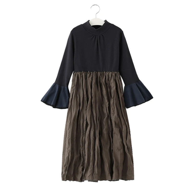 4-14Yrs Teenger Girl Dress Autumn Kids High Collar Pleated Lotus leaf Long-sleeves knitting Long Winter Dresses Pink/Black | Детская