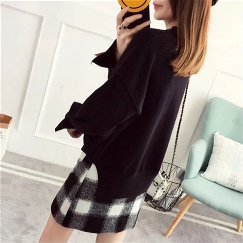 turtleneck black Женский Повседневный свободный свитер с разрезом, милый галстук-бабочка, короткий пуловер с расклешенными рукавами, студенческий женский осенне-зимний топ Sueter XH1050 - Цвет: turtleneck black