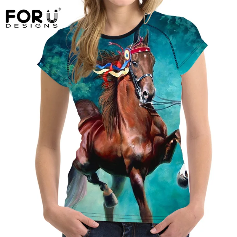 

FORUDESIGNS Crazy 3D Horse Printing Women T Shirt Summer Bodybuilding Fitness Top Tees for Ladies Casual Girls Animal Tee Shirt
