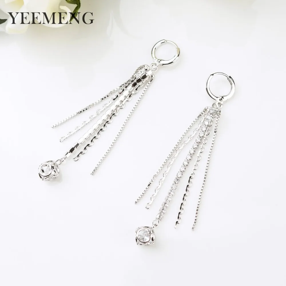 YEEMENG Luxury Women Long Tassels Drop Earrings White Gold Color Jewelry For Wedding Party Dangle Earring | Украшения и