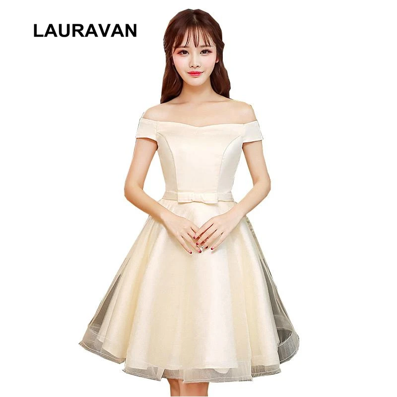 

2020 short champagne girls elegant boat neck off shoulder prom corset ball gown dresses tulle ladies party dress knee length