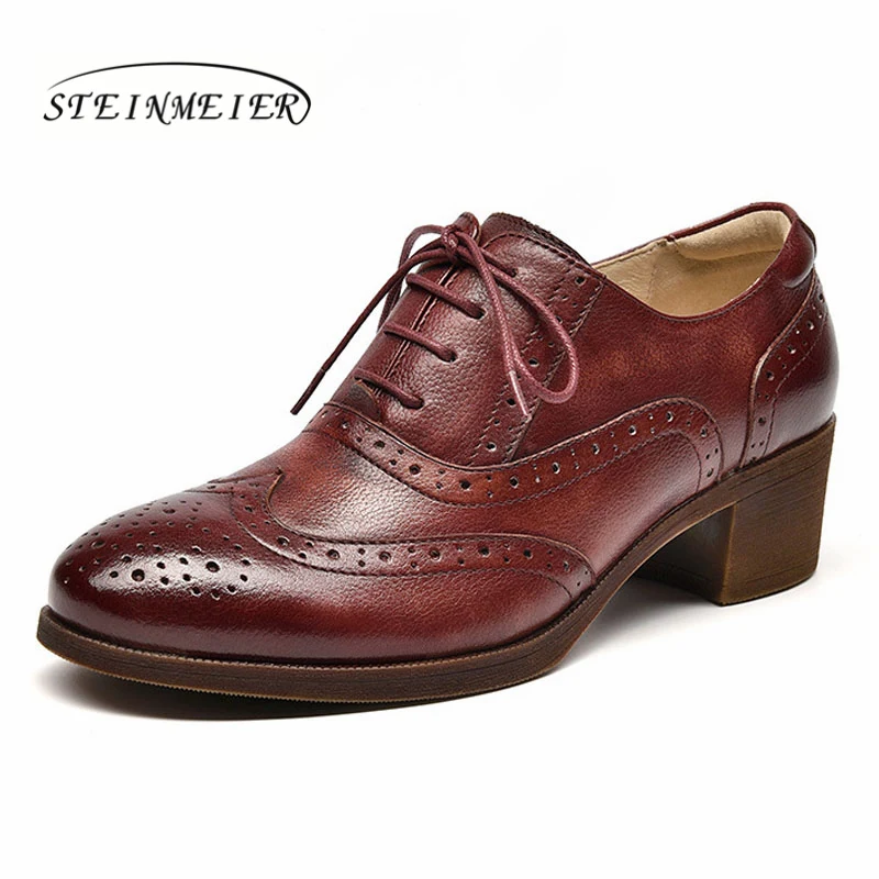 Burgundy 4.5cm Yinzo/женские туфли-оксфорды; винтажные женские туфли-лодочки из натуральной кожи; женские туфли-оксфорды на каблуке; цвет черный, коричневый; коллекция года; сезон весна - Цвет: Burgundy 4.5cm