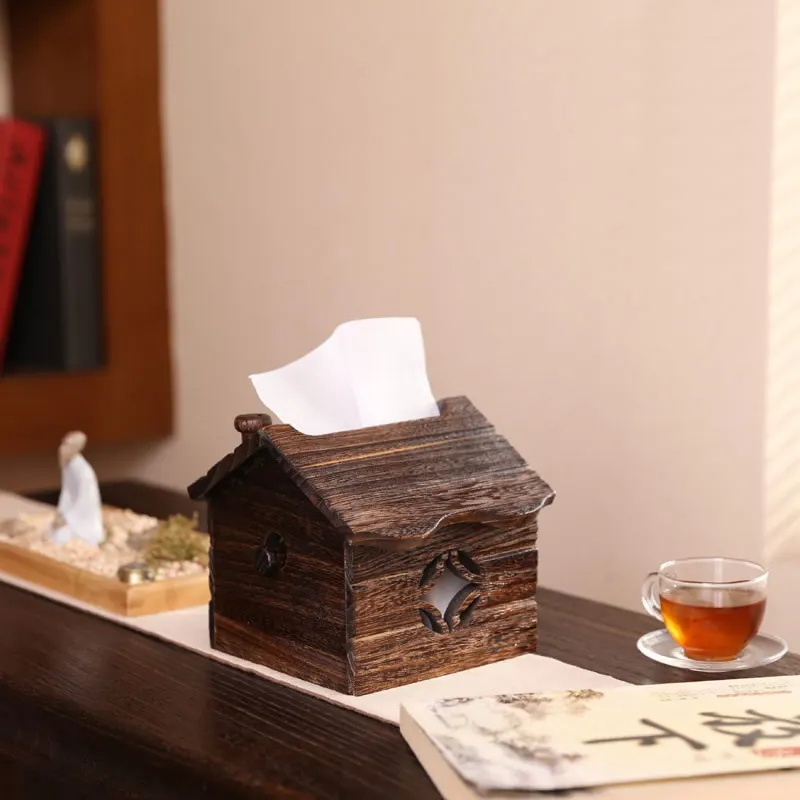 Personality vintage house shape wooden tissue box Classic old house home decoration wooden tissue box