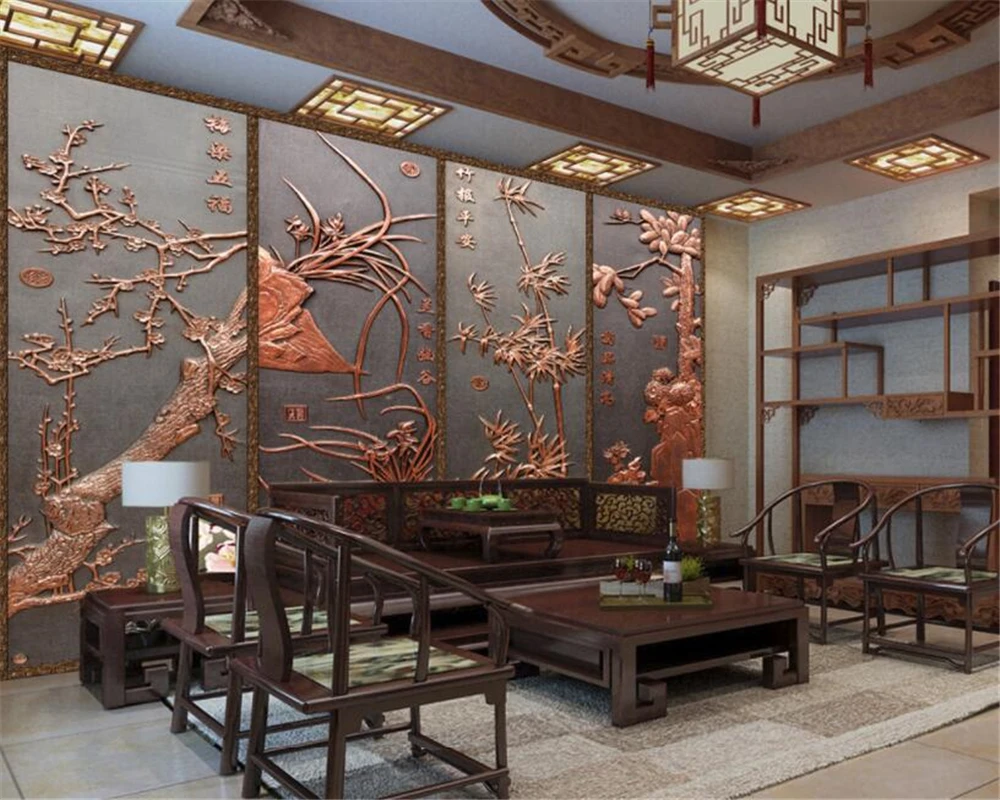 Пользовательские большие 3D обои сливы бамбука Хризантема тиснением гостиной ТВ