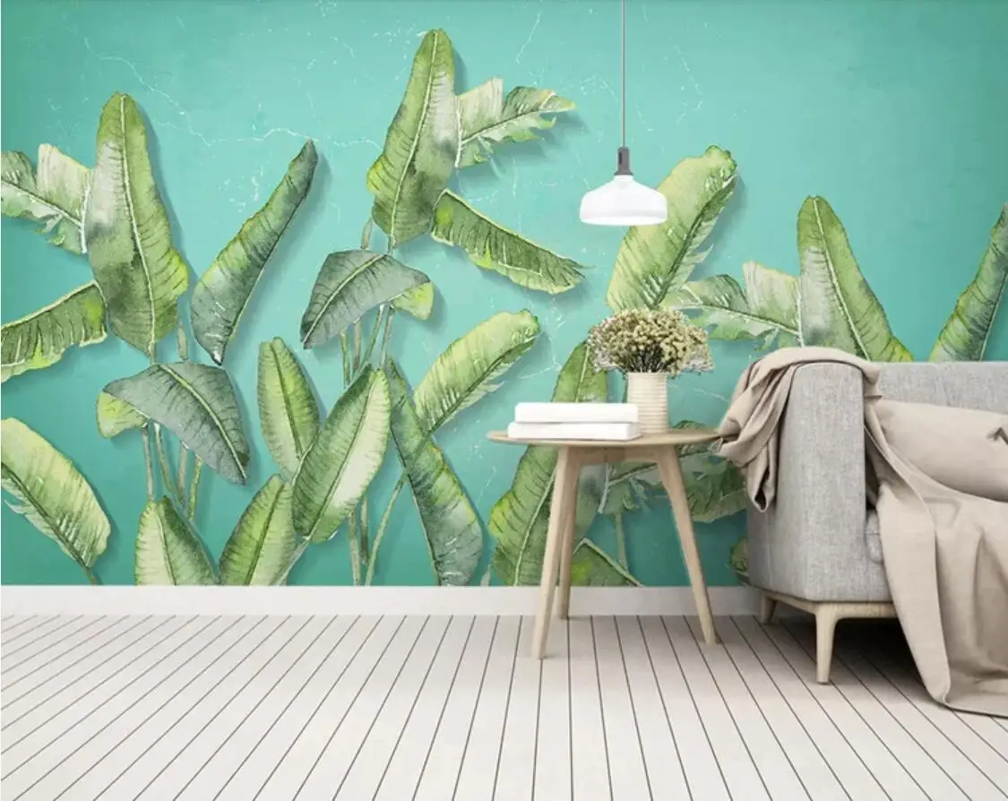 

Тропические фотообои в рулонах с изображением банановых листьев для гостиной, спальни, домашний декор, пейзаж, 3D фрески с листьями тропичес...