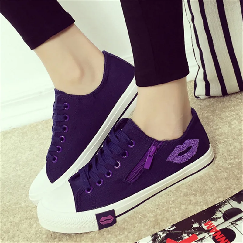 Tfsland Women Red Lips Zipper Canvas Shoes Female Lace Running Student Flat Soft Walking Sneakers Zapatillas Hombre | Спорт и