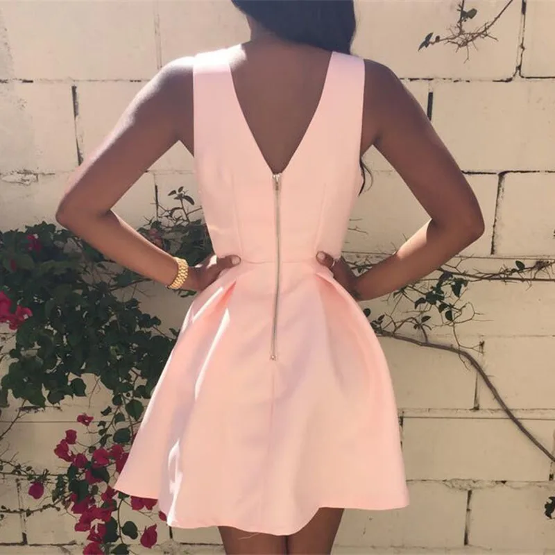 Летняя мода глубокий v-образным вырезом без рукавов a-line плиссированные lovely pink dress