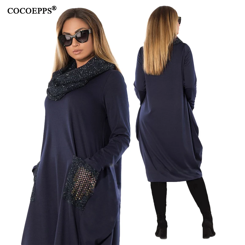Зимнее свободное женское платье COCOEPPS 5XL 6XL водолазка большого размера с длинным