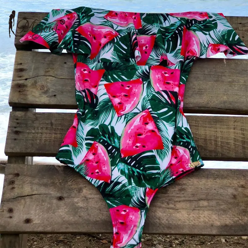 Miyouj Off Shoulder One Piece Swimsuit Female Flamingo Swimwear Retro Leaf Print Bathing Suit Women Biquini Mujer 2019 Bikini XL | Спорт и